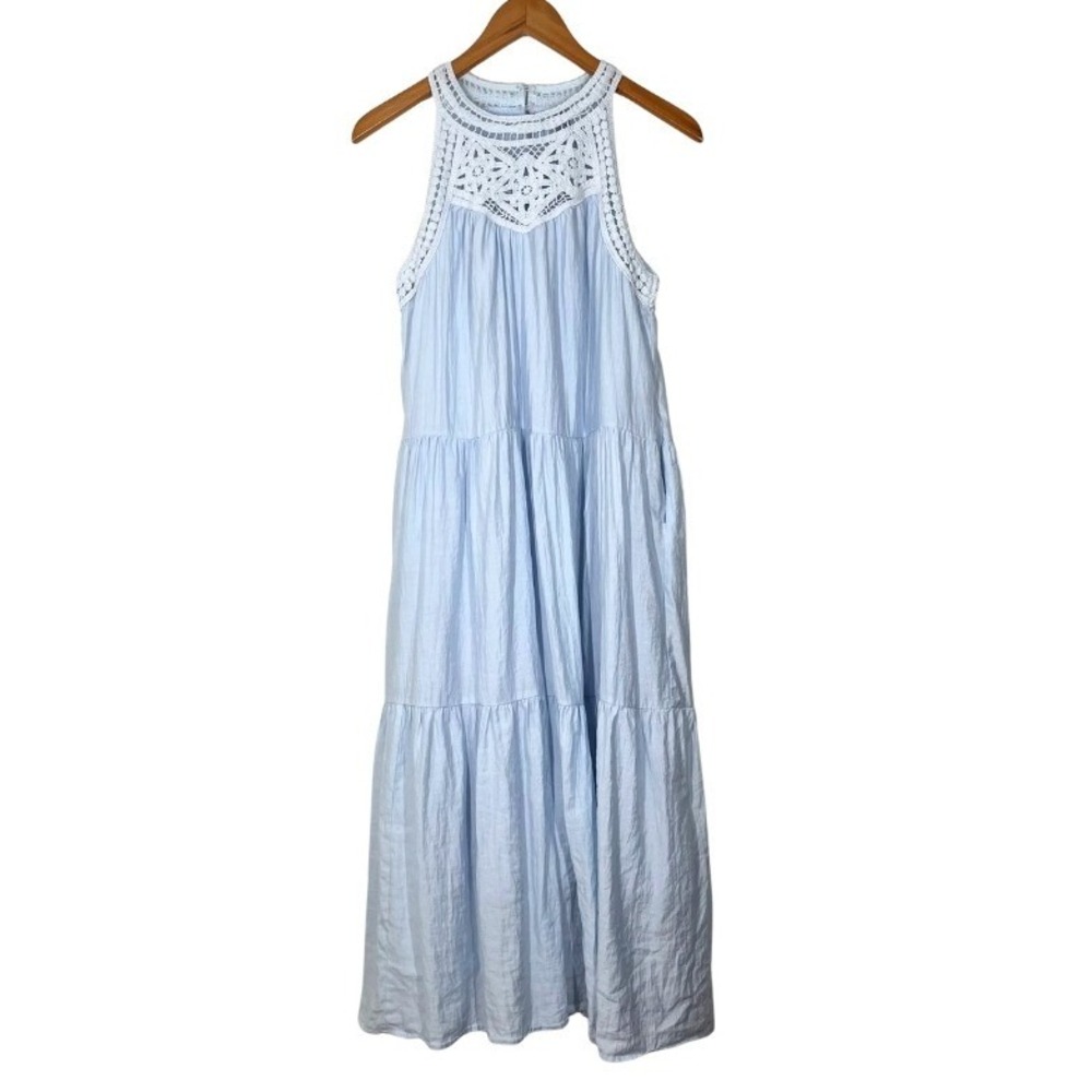 BTFBM Light Blue Crochet Lace Tiered Maxi Dress Sleeveless Pockets Small